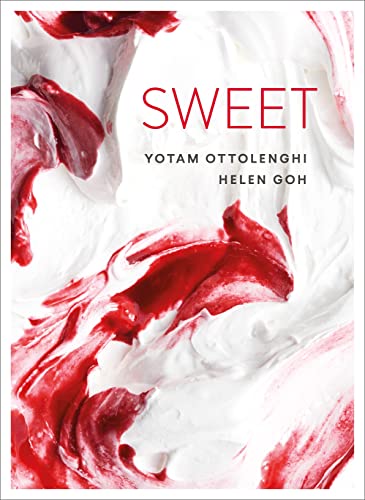 Cookbook cover with swirled red and white frosting, title “SWEET”.