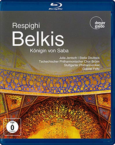 Blu-ray cover for Respighi’s “Belkis,” featuring ornate gold mosaic patterns.