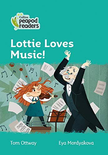 Book cover: girl playing violin, conductor, musical notes, teal background.