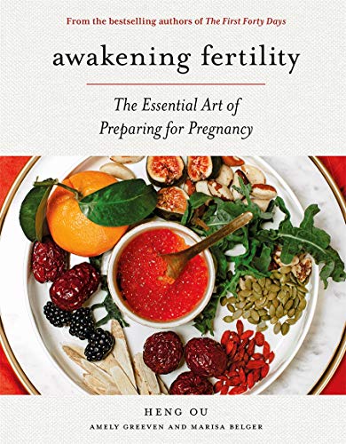 Book cover for Awakening Fertility showing a plate of various fruits, nuts, and seeds.