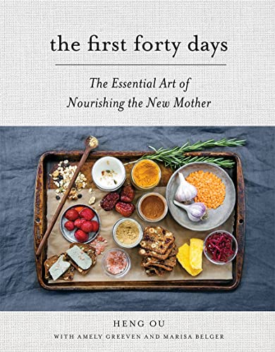 Book cover titled The First Forty Days featuring a tray of assorted food ingredients.
