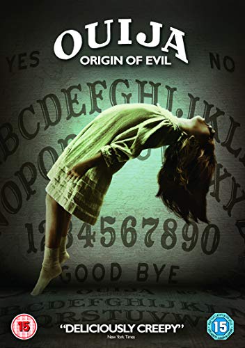 Ouija: Origin of Evil" DVD cover with a girl bent over a spirit board.