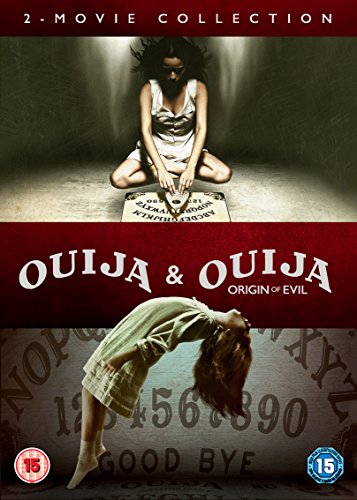 Alt text: "DVD cover of 'Ouija & Ouija: Origin of Evil,' featuring eerie scenes and Ouija board."