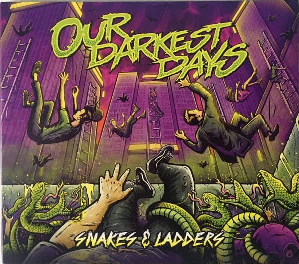 Album cover for “Our Darkest Days - Snakes & Ladders” with falling figures and snakes.