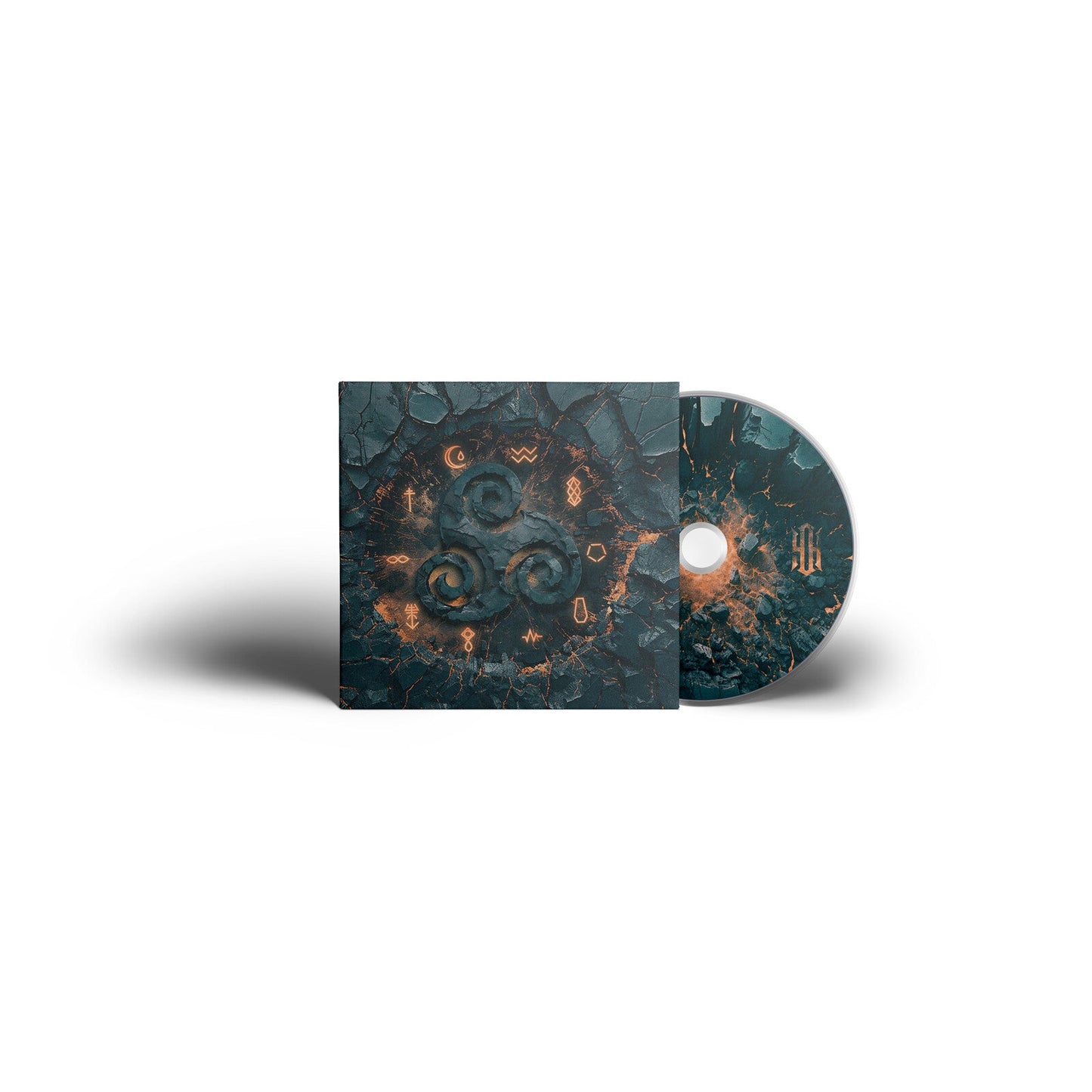 CD case and disc with dark, textured cover art and orange glow.