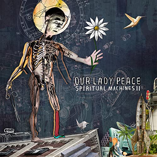 Album cover art featuring a cyborg figure, a daisy, a rocket, and technical diagrams.