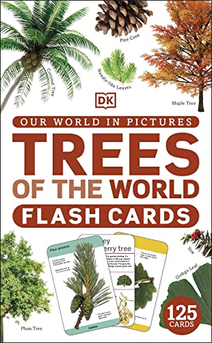 Book cover displaying various tree types and leaves, "Trees of the World".