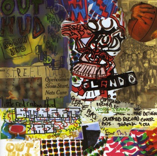 "Out Hud album cover featuring a vibrant, abstract collage with mixed media and graffiti."