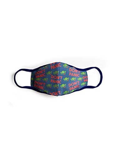 Blue cloth face mask with repeating "Don't Panic" and avocado design.