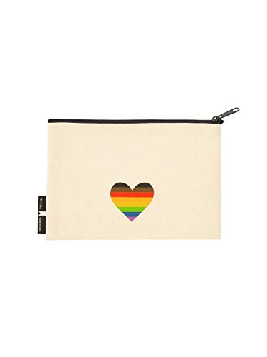 Beige zipper pouch with a rainbow heart design on the front.