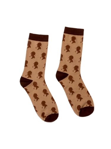 Pair of tan socks with a repeating Sherlock Holmes silhouette pattern.
