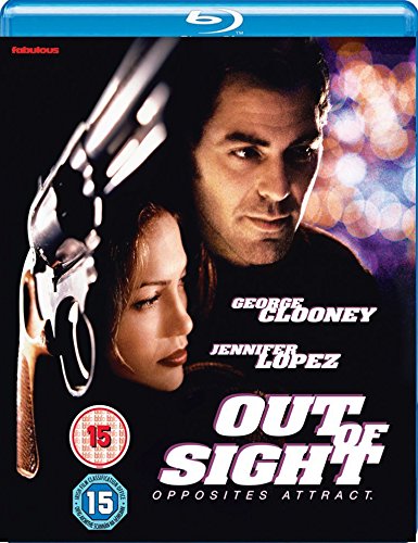 Out of Sight" Blu-ray cover featuring George Clooney and Jennifer Lopez, with guns.
