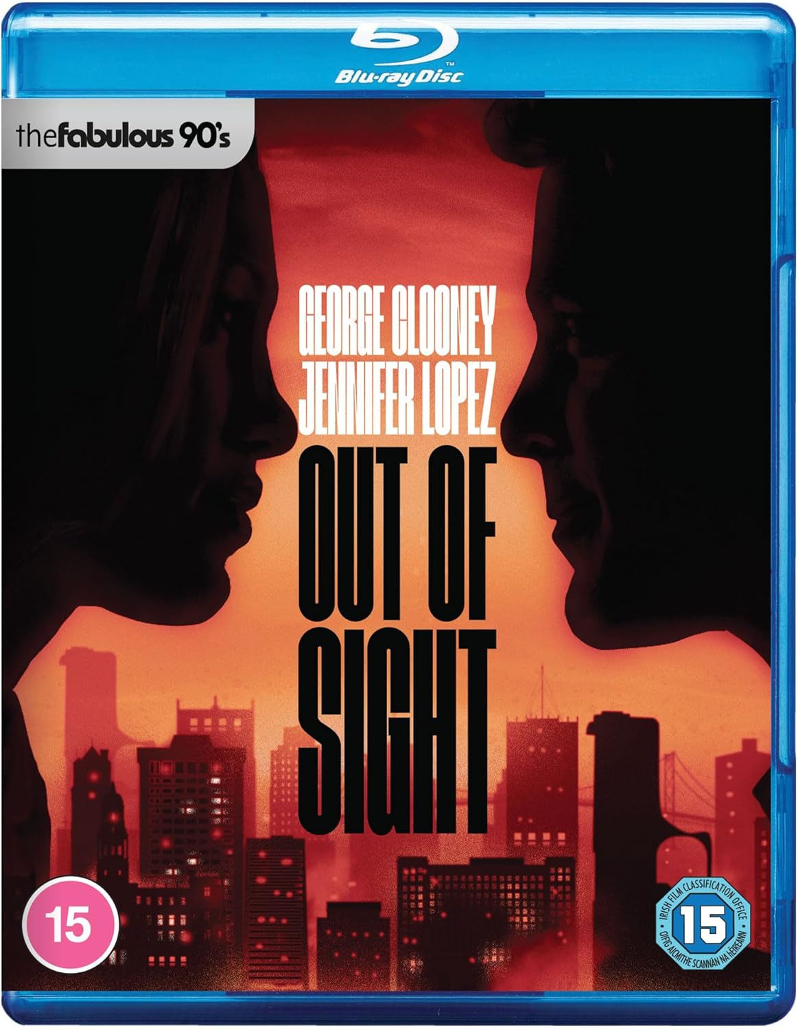 Blu-ray cover for Out of Sight featuring silhouettes of two people against city skyline.