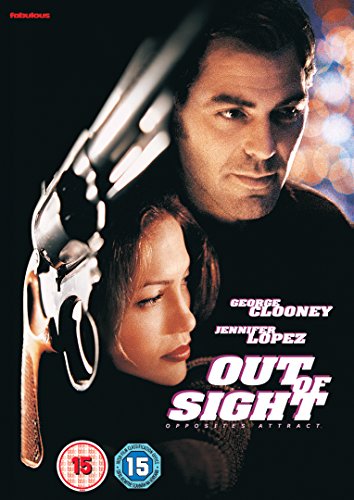 "Out of Sight" DVD cover featuring George Clooney and Jennifer Lopez against a black background.
