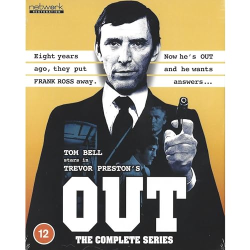 Blu-ray cover for "Out" featuring Tom Bell holding a handgun.