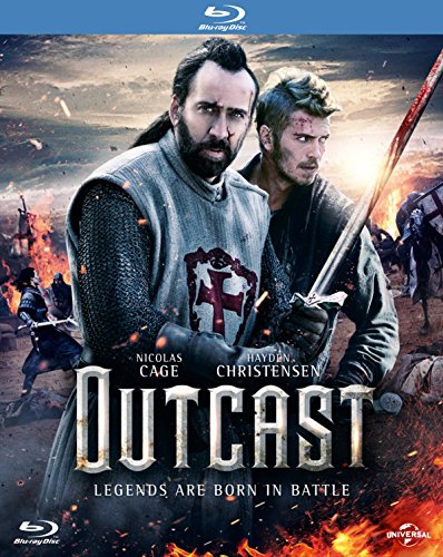 Blu-ray cover for "Outcast" featuring Nicolas Cage and Hayden Christensen in armor.
