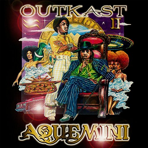 Outkast Aquemini album cover art featuring two men, women, a throne, and cosmic imagery.