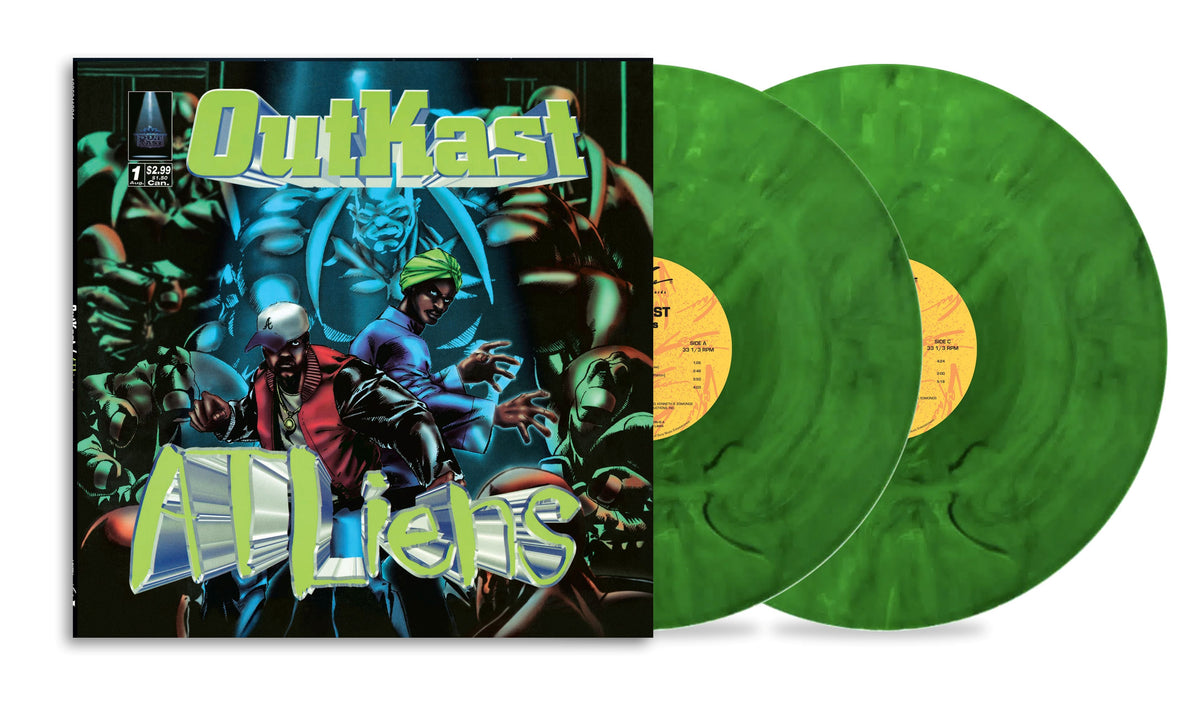 Outkast’s “ATLiens” green vinyl LP record with cover art featuring figures.