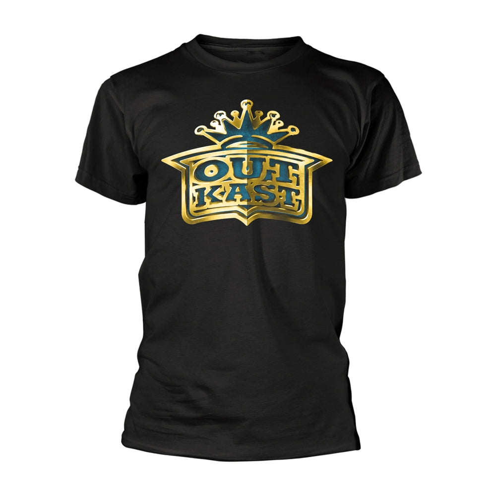 Black t-shirt with gold and blue Outkast logo featuring a crown.