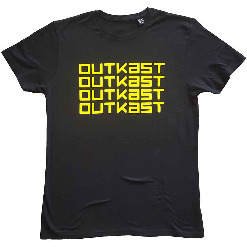 Black t-shirt with repeating yellow "Outkast" logo worn by a man.