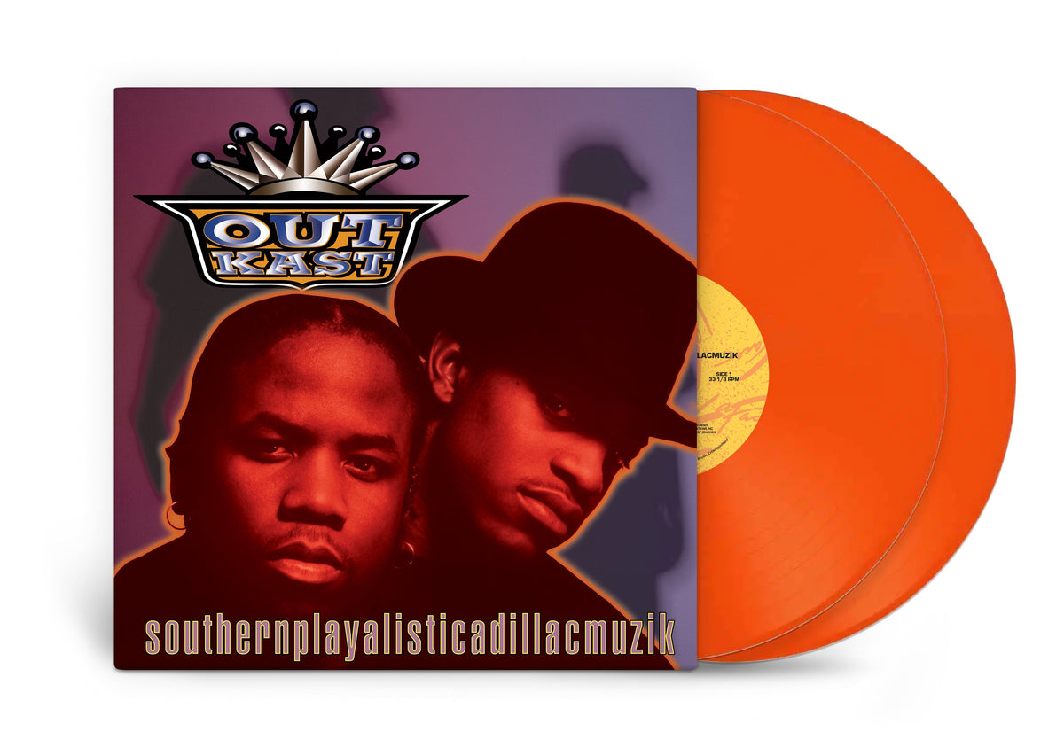 Orange vinyl record of Outkast’s “Southernplayalisticadillacmuzik” with album artwork.