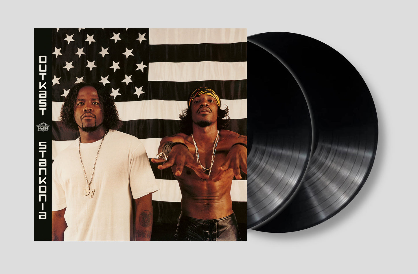 Outkast’s “Stankonia” vinyl record cover featuring two men and a flag.