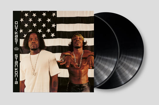 Outkast’s “Stankonia” vinyl record cover featuring two men and a flag.
