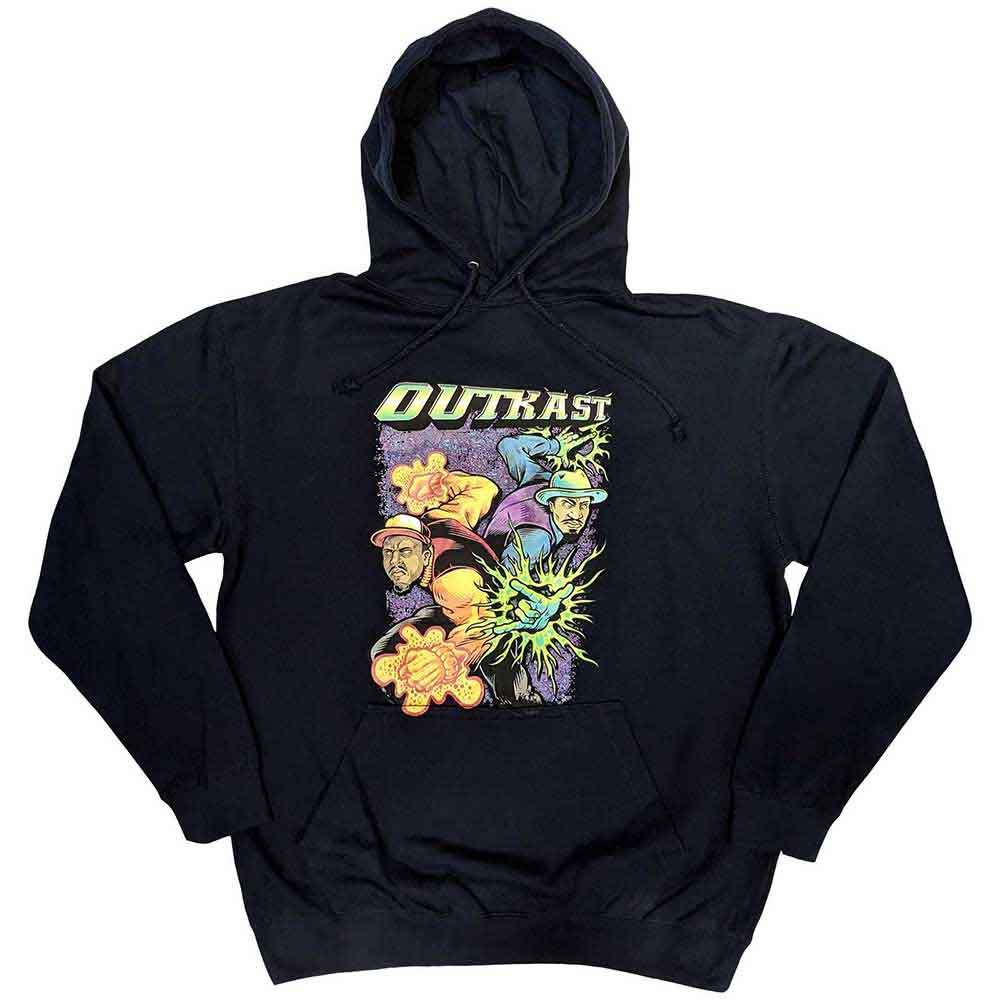 Medium unisex pullover hoodie featuring a graphic print of various superheroes.