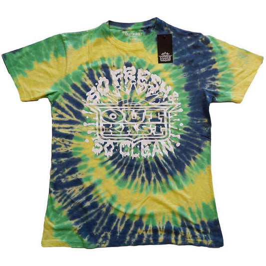 Large black t-shirt with "So Fresh" Outkast logo, wash effect.