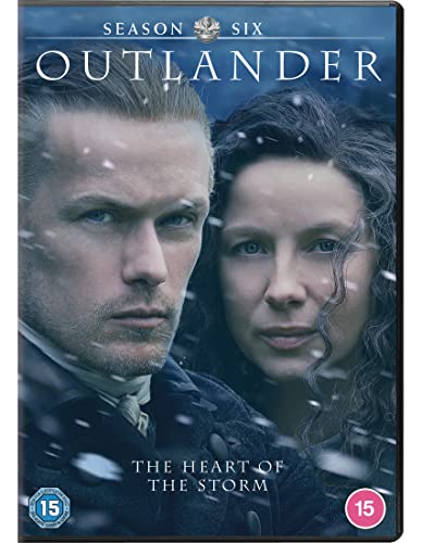 Outlander" Season Six DVD cover featuring Jamie and Claire Fraser in a snowy scene.