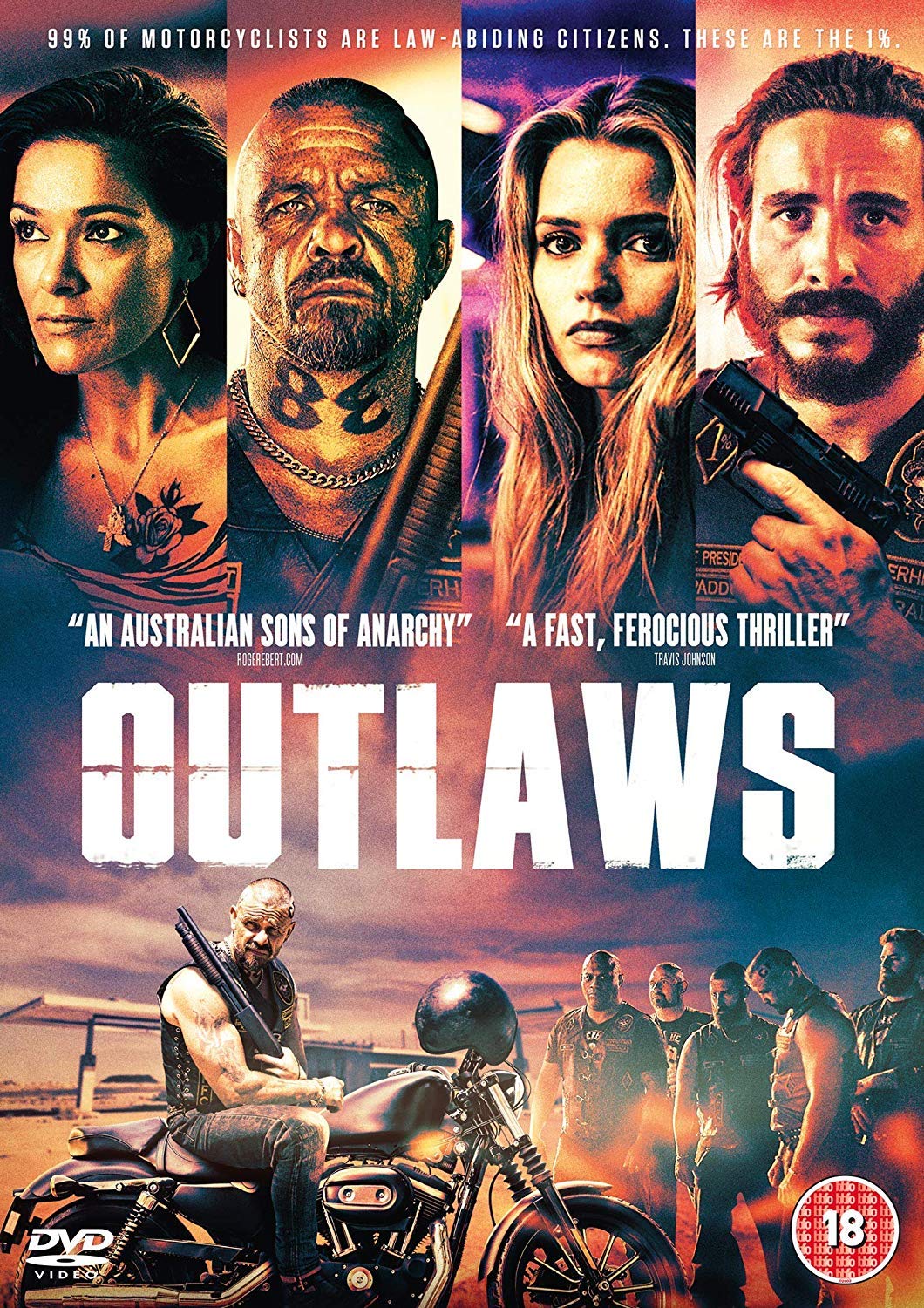 DVD cover for "Outlaws" featuring a group of bikers and characters' portraits.