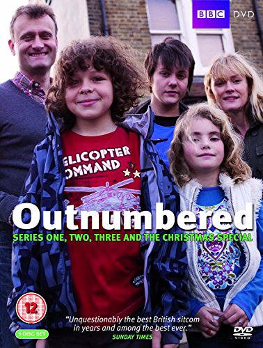 "Outnumbered DVD cover featuring a family of five standing together outside a house."