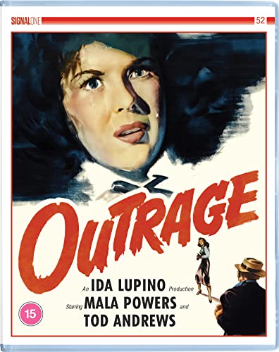 Blu-ray cover for "Outrage" featuring a distressed woman’s face and bold red title.