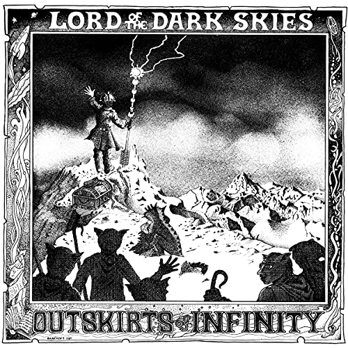 Black and white illustration of a figure summoning lightning over mountains.