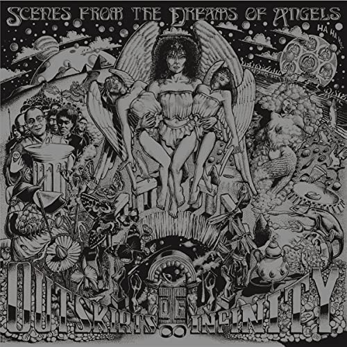 Black and white album cover depicting angels, figures, and surreal landscapes.