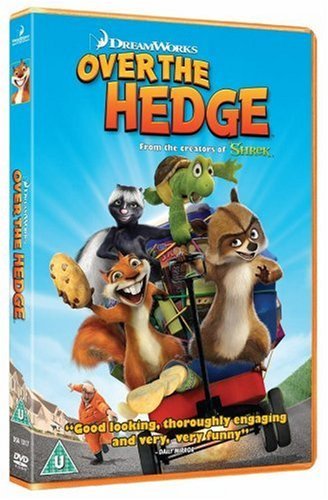 Over the Hedge" DVD cover featuring animated animals and a red wagon.