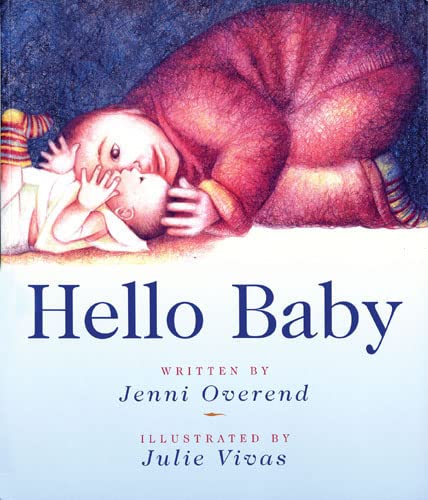 Book cover: baby in red blanket, title "Hello Baby" in blue text.