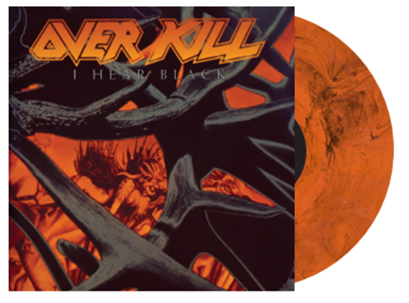 "Orange vinyl record with an album cover featuring dark, abstract artwork and orange text."