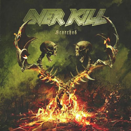 Overkill album cover: "Scorched" with skulls, flames, and band logo.