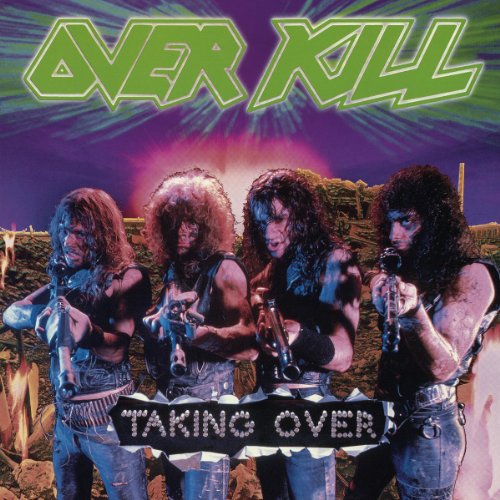 "Album cover with four men holding guns, 'OVERKILL' and 'TAKING OVER' text, purple background."