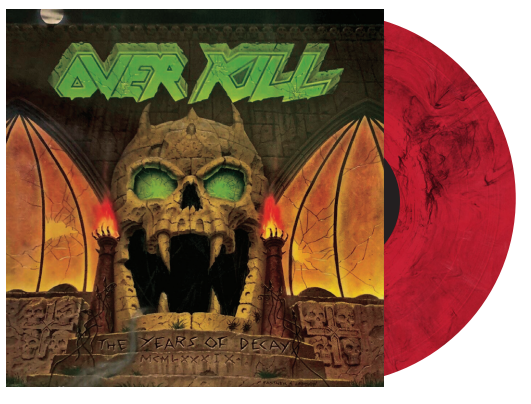 Overkill The Years of Decay album cover art next to a red marbled vinyl record.