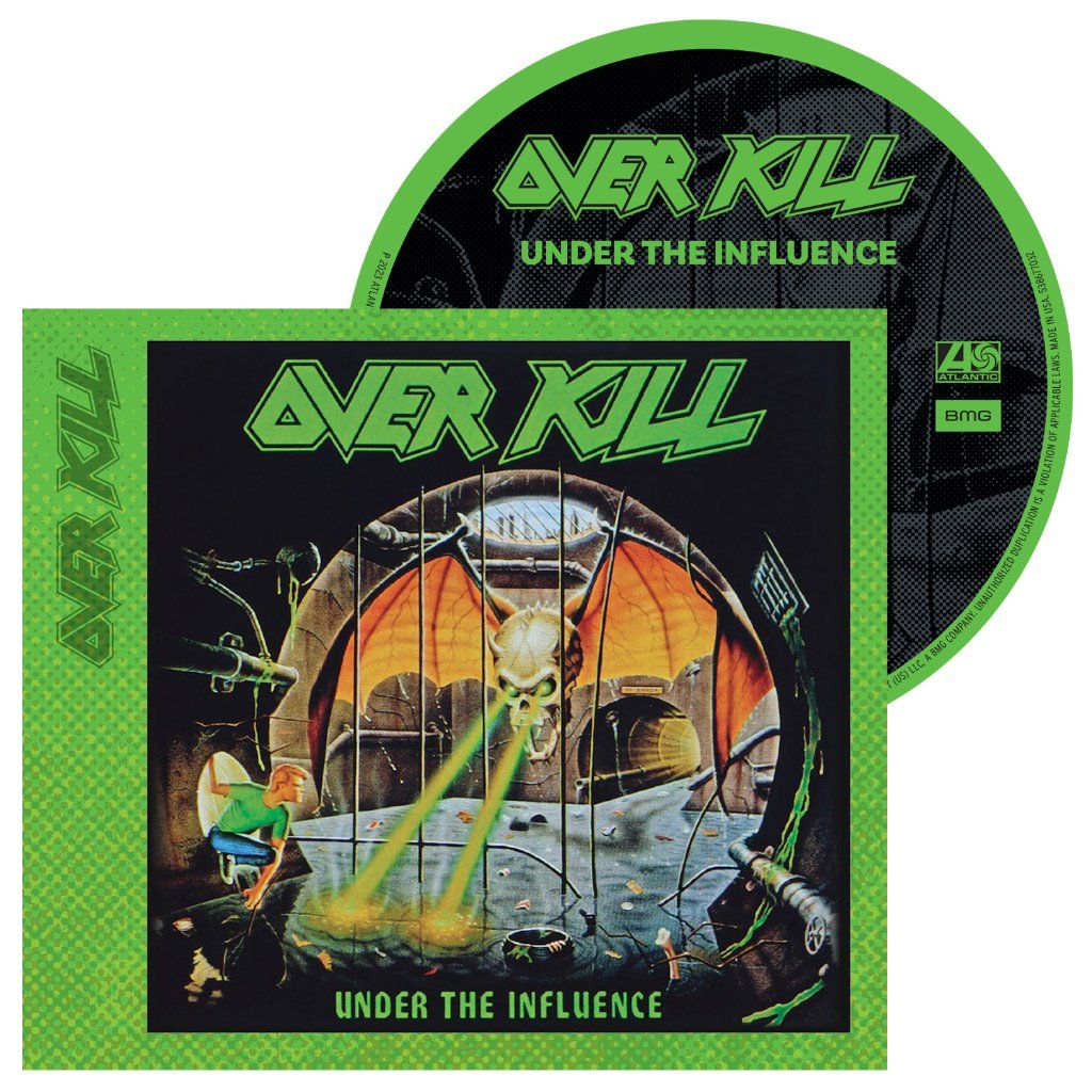 Overkill Under the Influence CD and disc featuring a bat-winged skull in a sewer.