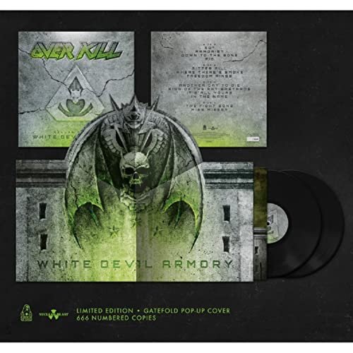 Overkill White Devil Armory vinyl gatefold pop-up sleeve with two black vinyl records.