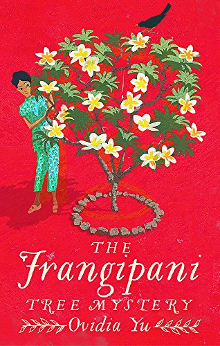 Book cover with a girl, frangipani tree, and bird on red background.