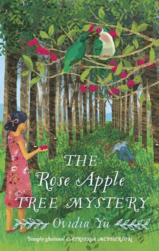 Book cover: girl, rose apple tree, and parrots in a tropical setting.
