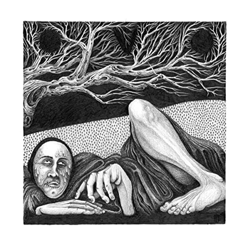 Black and white album cover with a reclining figure and tree branches.