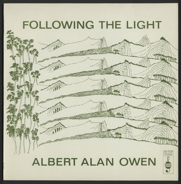 Vinyl record cover with green line art of mountains and trees.