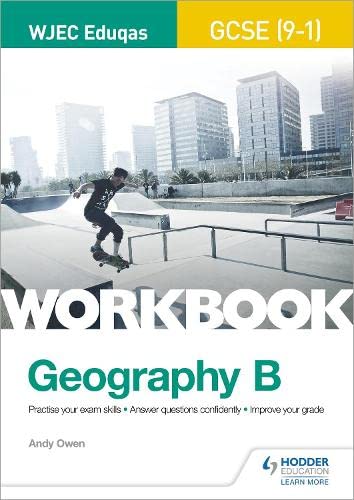 Geography workbook cover with a cityscape and a skateboarder.