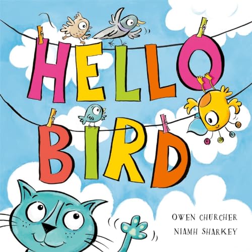 Book cover: colorful birds, letters, a cat, and a flower on blue.