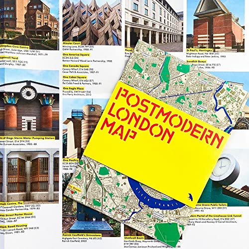 Collage of London’s postmodern architecture and a map highlighting building locations.